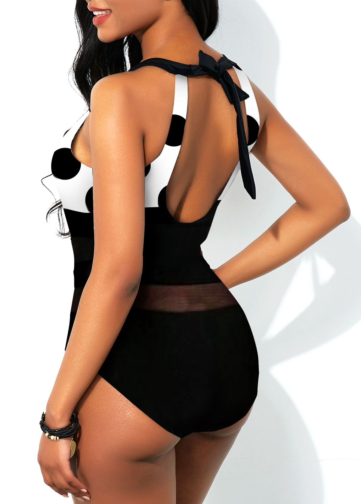 Black swimwear,Dot swimwear,ROTITA Black Polka Dot Mesh Stitching One Piece Swimwear