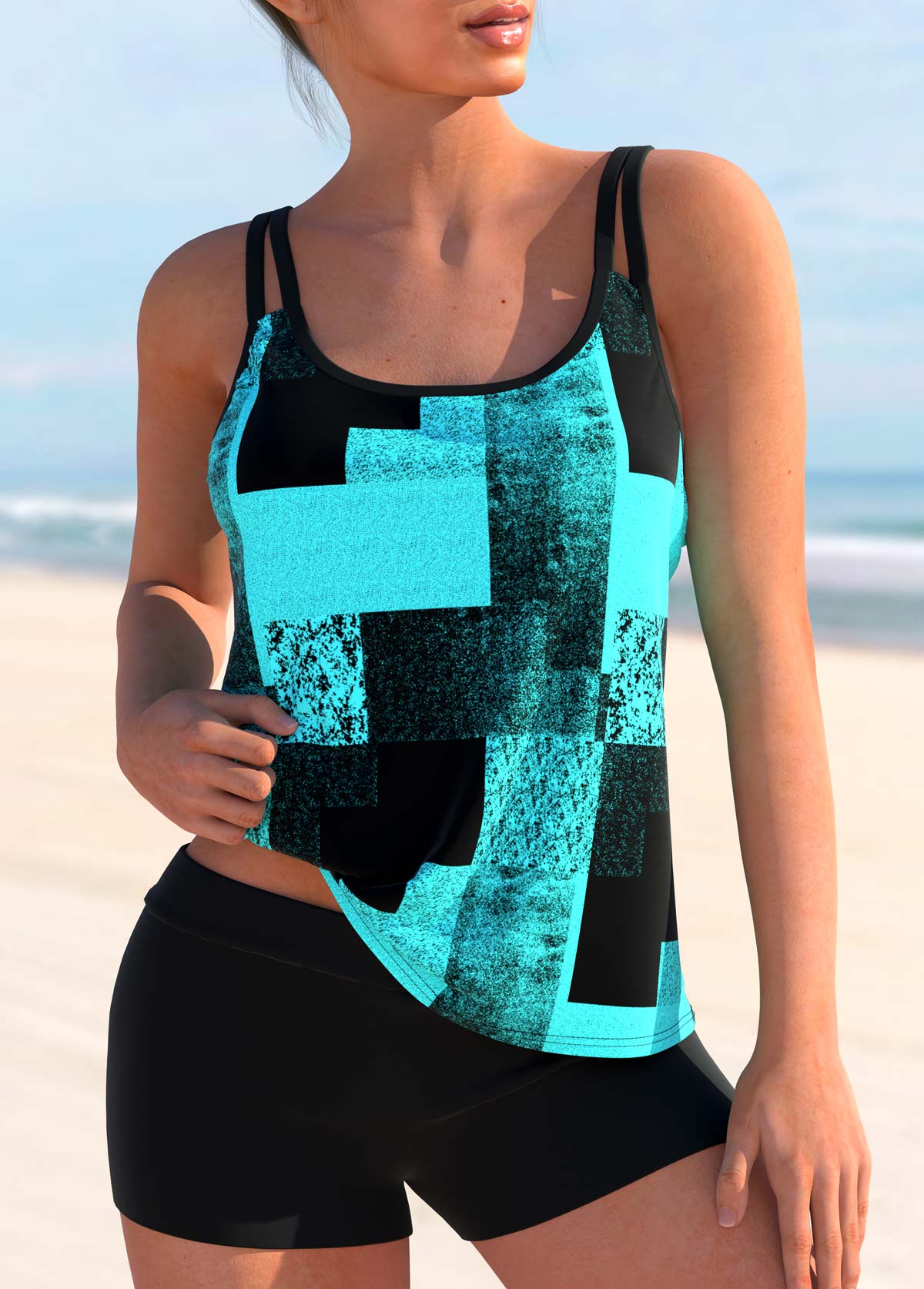 ROTITA Double Straps Sky Blue Geometric Print Tankini Top-No Bottom