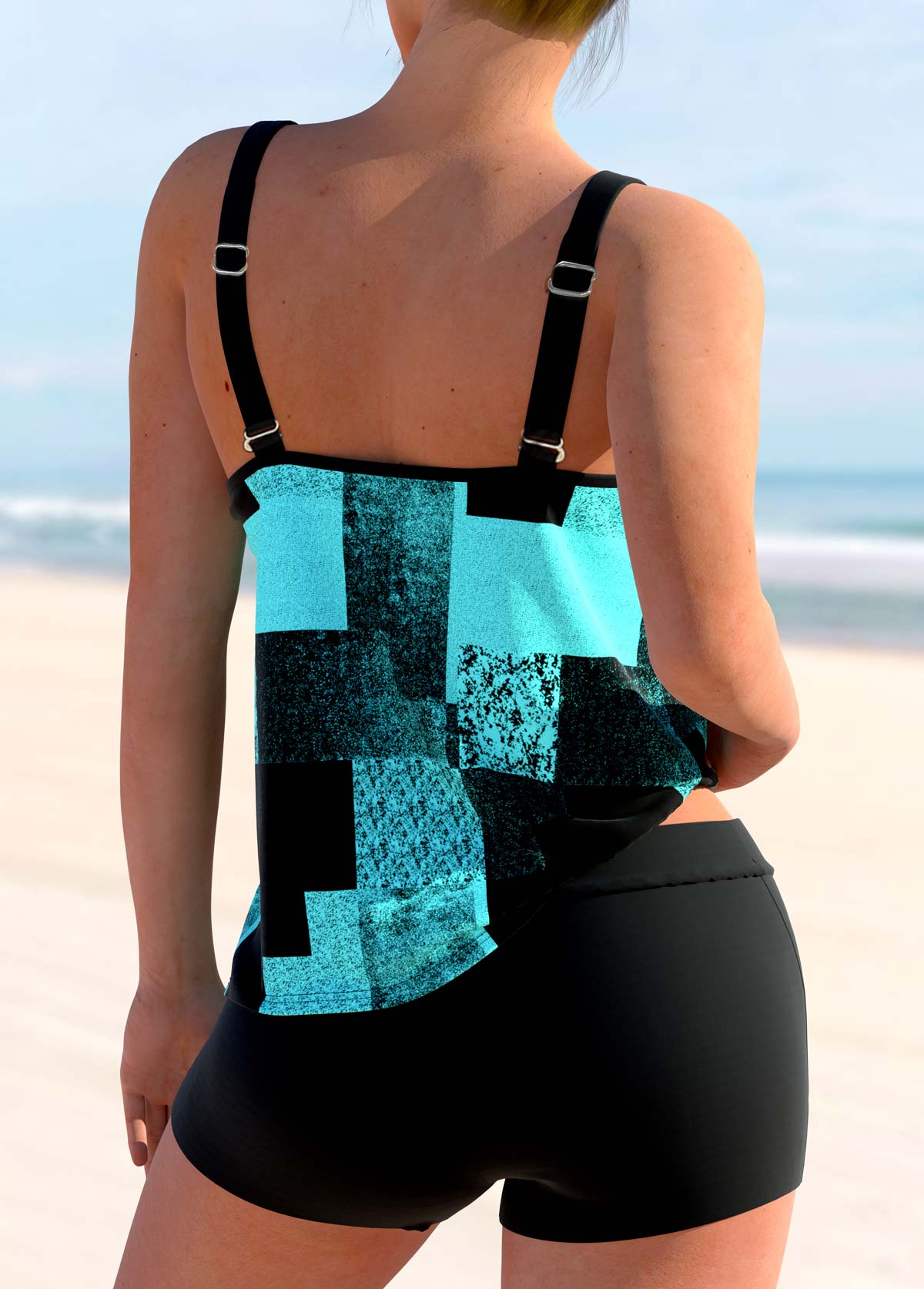 Light Blue swimwear,Geometric swimwear,ROTITA Double Straps Sky Blue Geometric Print Tankini Top