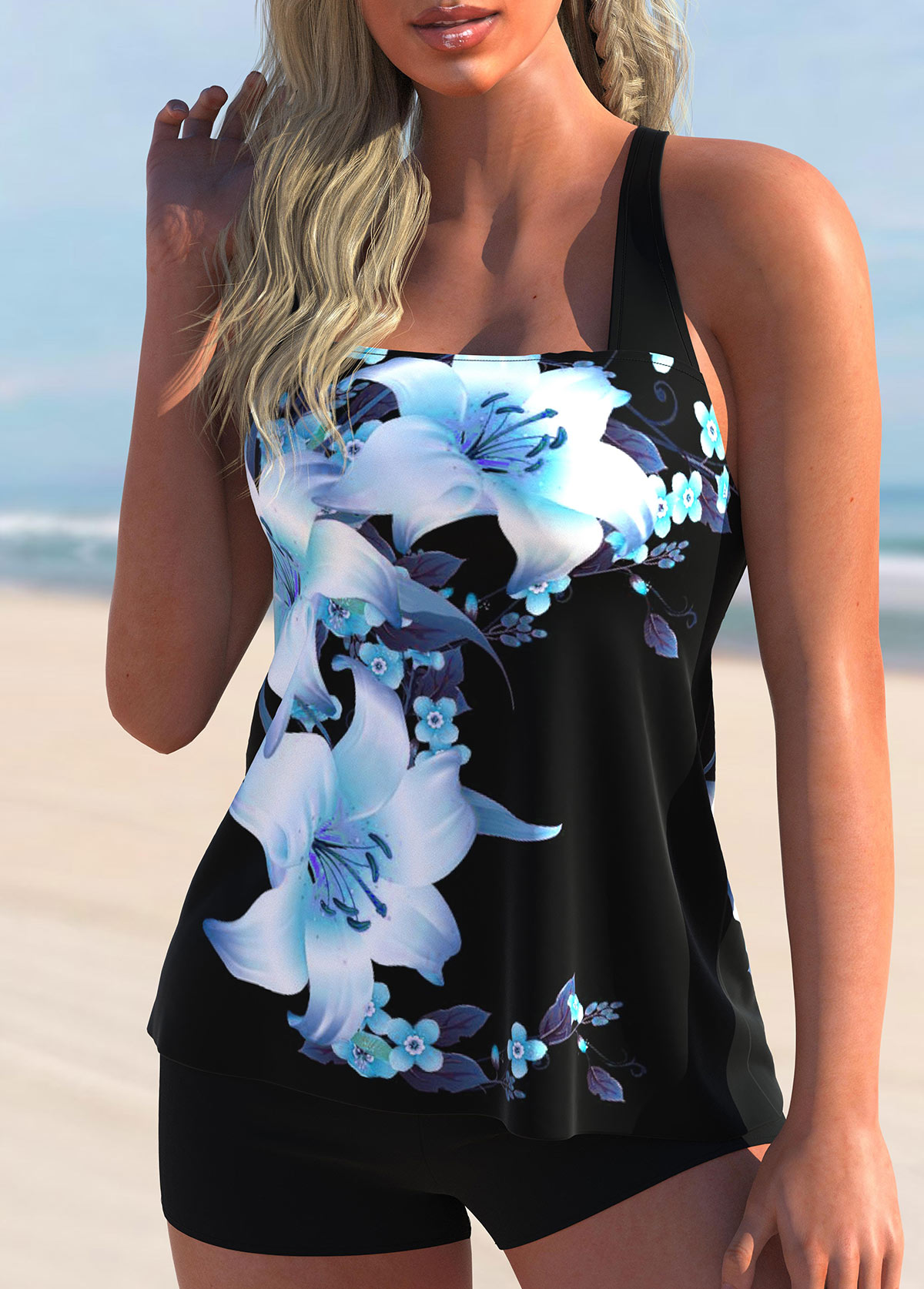 Light Blue swimwear,Floral swimwear,ROTITA Cross Strap Floral Print Sky Blue Tankini Top