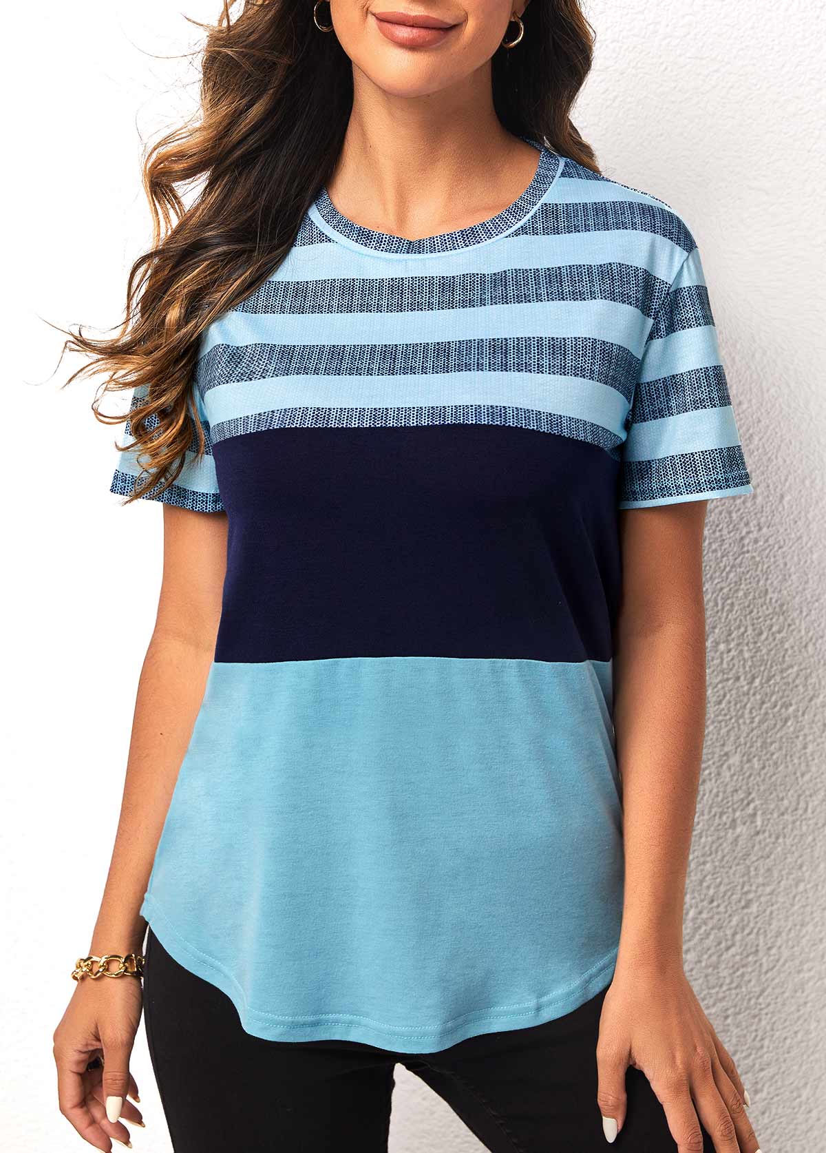 Striped tops,Light Blue Striped Round Neck Short Sleeve T Shirt