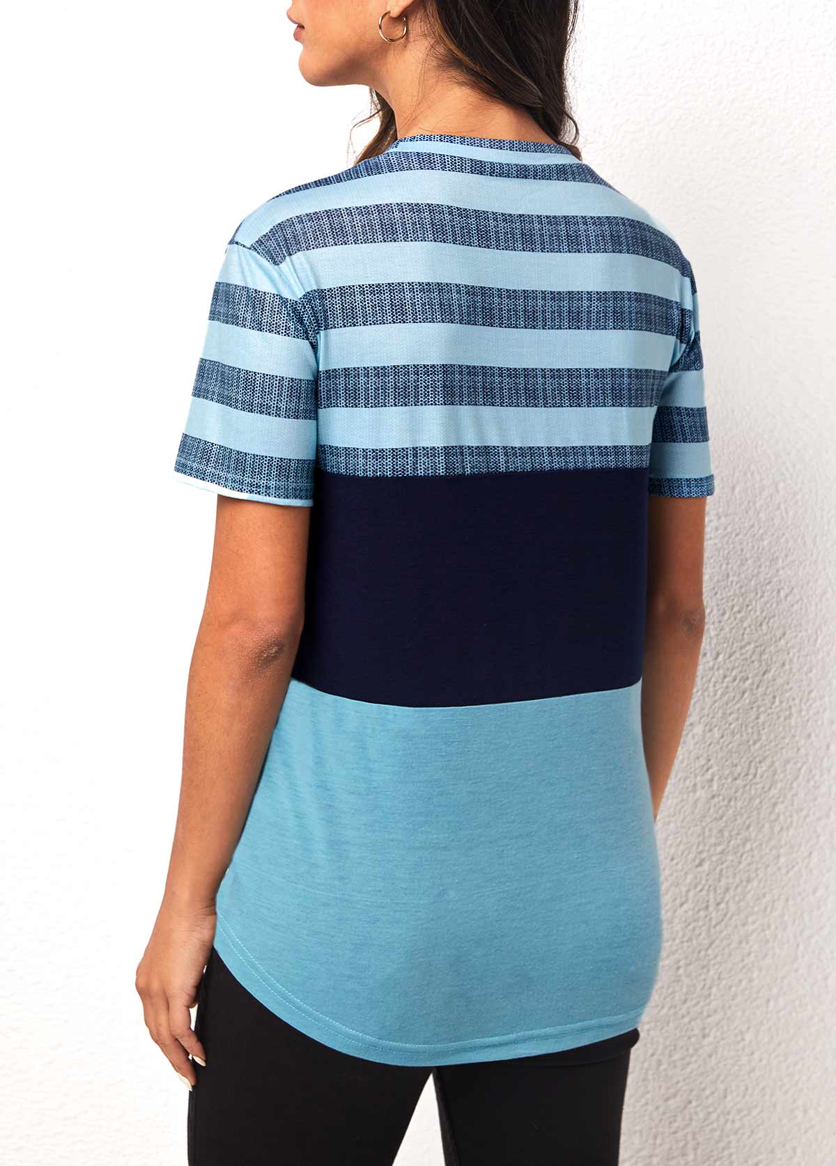 Striped tops,Light Blue Striped Round Neck Short Sleeve T Shirt