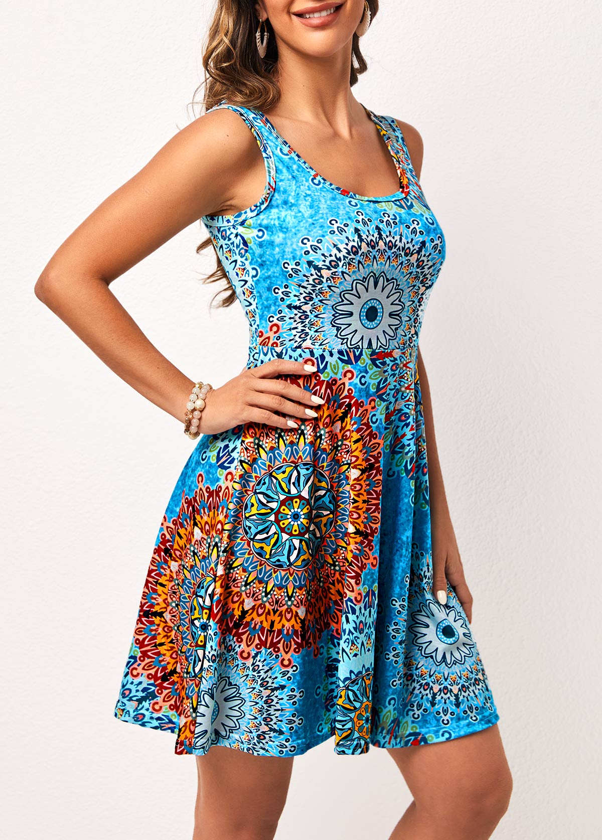Tribal dresses,Wide Strap Tribal Print Sky Blue Dress