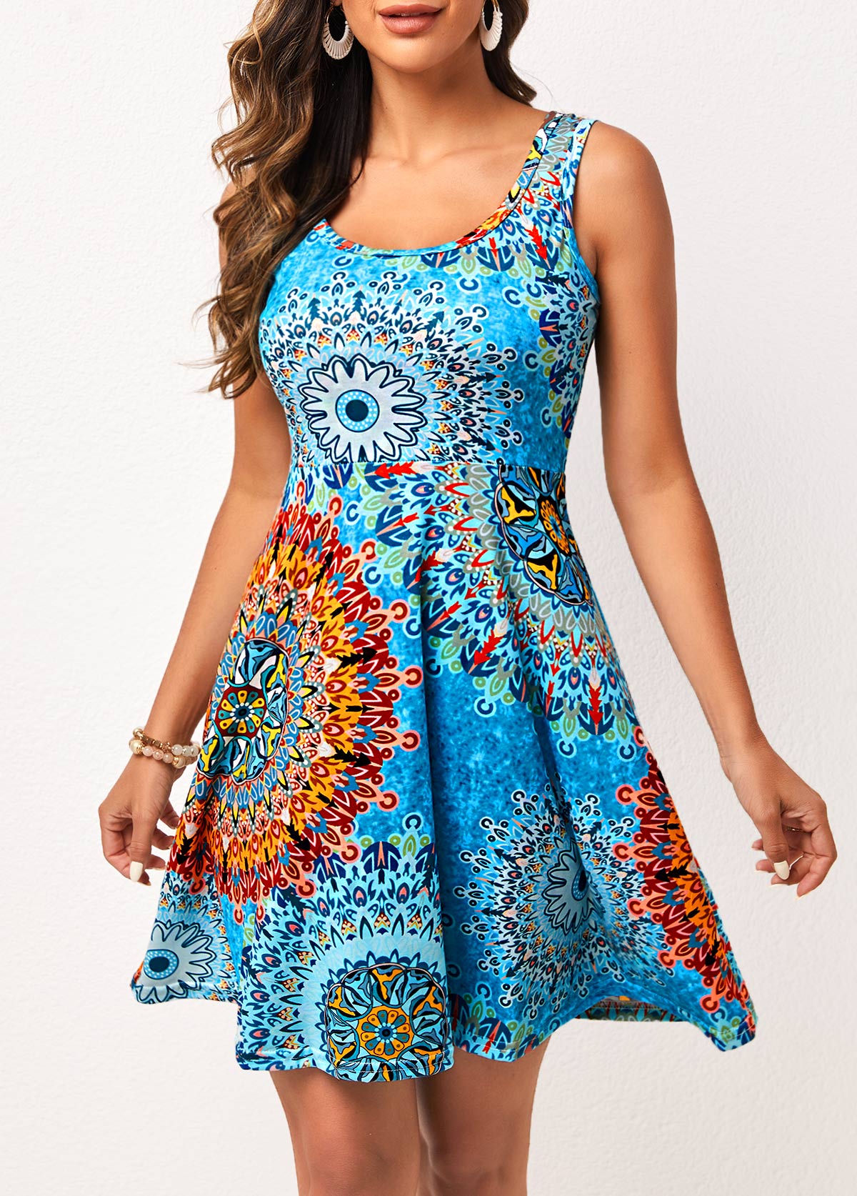 Tribal dresses,Wide Strap Tribal Print Sky Blue Dress