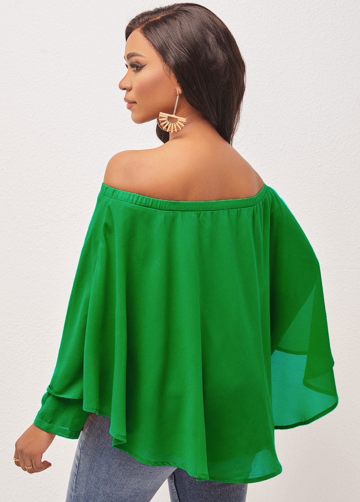 Green tops,Plain Color tops,ROTITA Off Shoulder Asymmetric Hem Layered Green Blouse