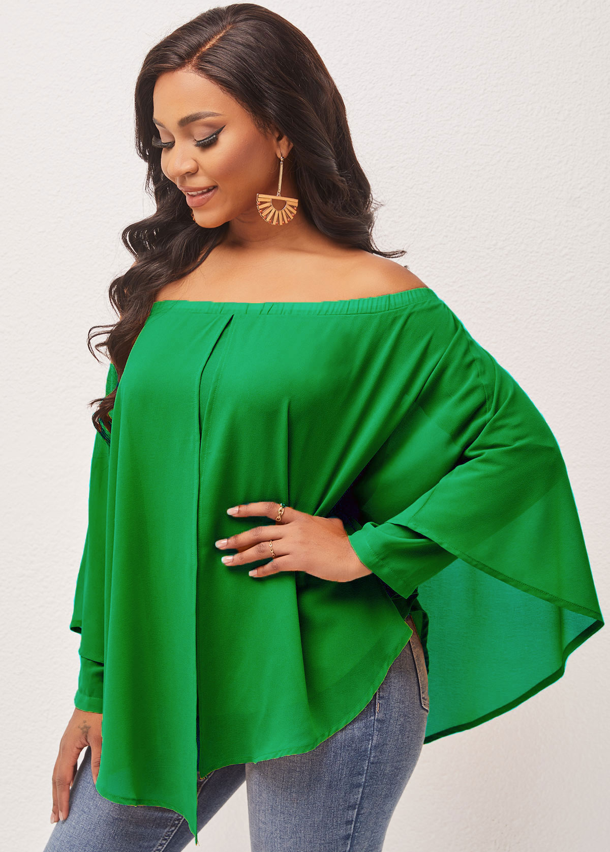 Green tops,Plain Color tops,ROTITA Off Shoulder Asymmetric Hem Layered Green Blouse
