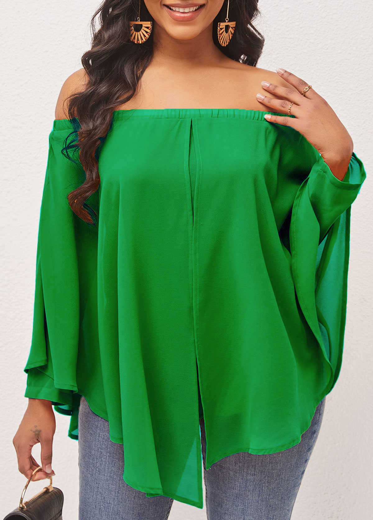 Green tops,Plain Color tops,ROTITA Off Shoulder Asymmetric Hem Layered Green Blouse