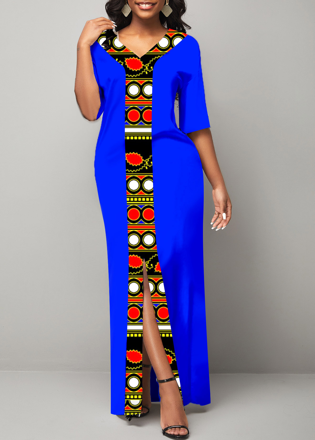 ROTITA V Neck Tribal Print Royal Blue Maxi Dress