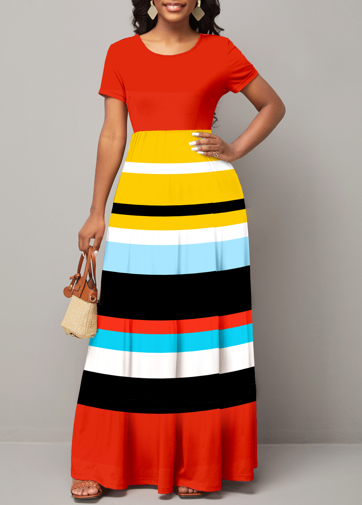 ROTITA Rainbow Stripe Short Sleeve Round Neck Dress
