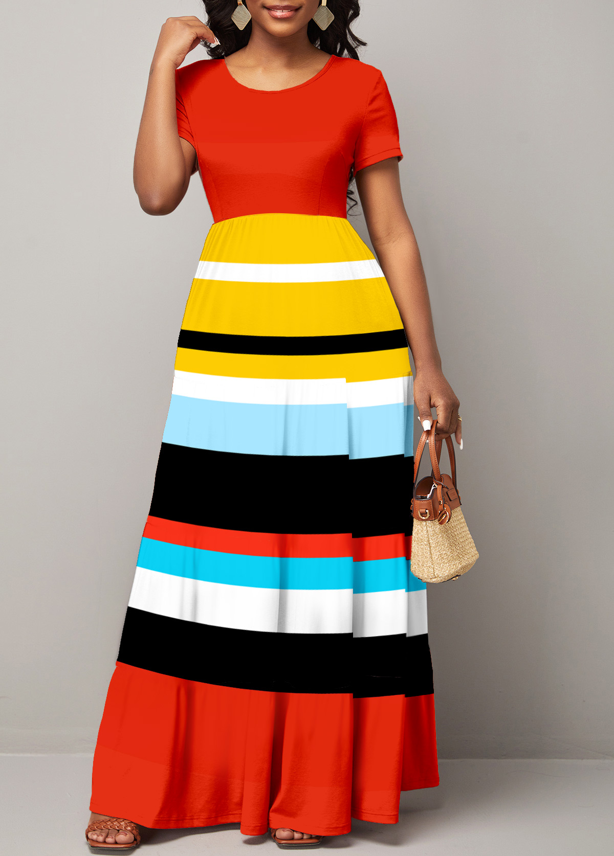 Red dresses,Striped dresses,ROTITA Rainbow Stripe Short Sleeve Round Neck Dress