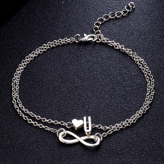 Layered Silver Letter and Heart Design Anklet