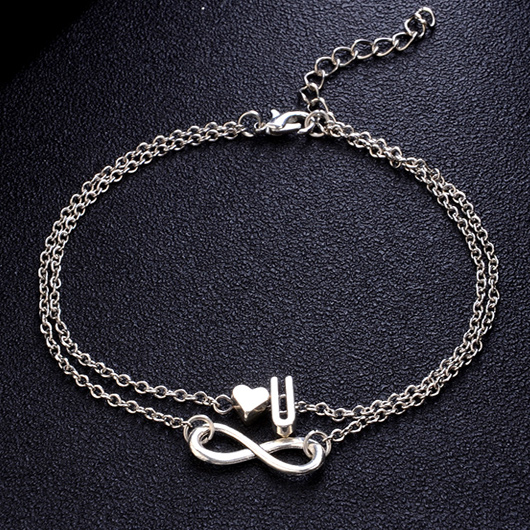 Bracelet de cheville en forme de lettre et de cœur en argent superposé