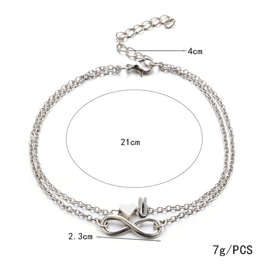 Silvery White jewelry,Layered Silver Letter and Heart Design Anklet