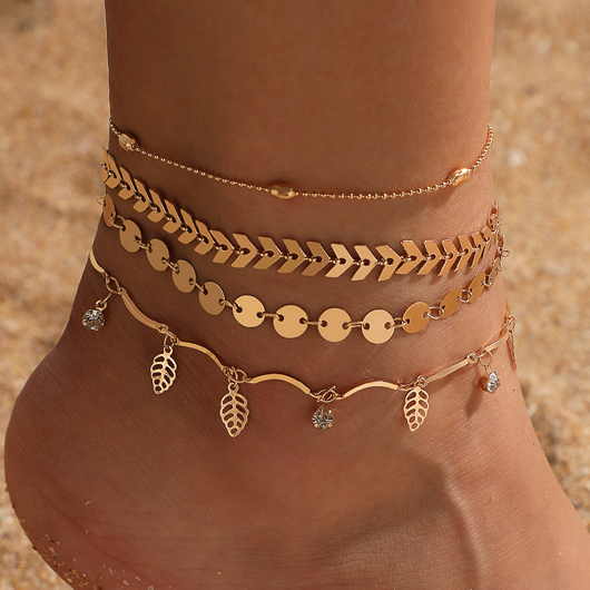 Layered Gold Leaf Design Anklet Set