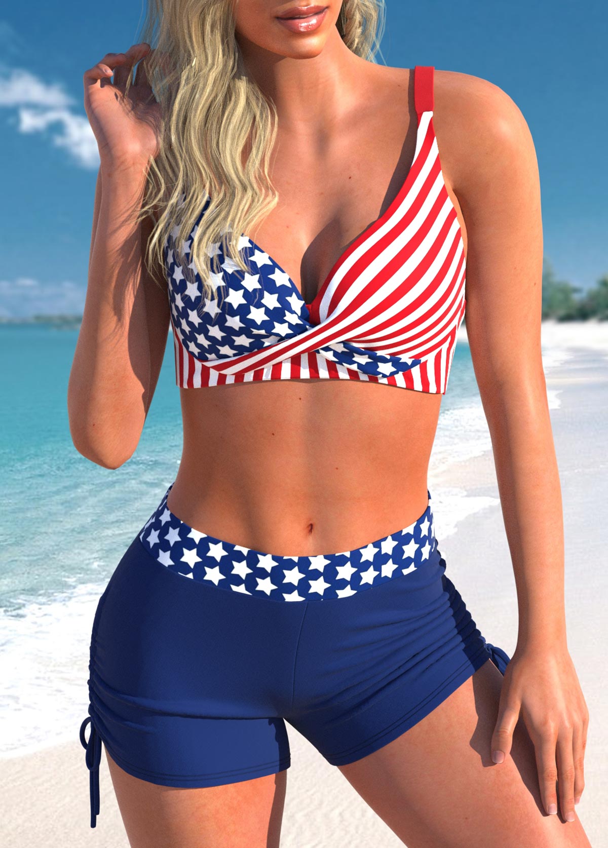 ROTITA Color Block American Flag Print Bikini Set