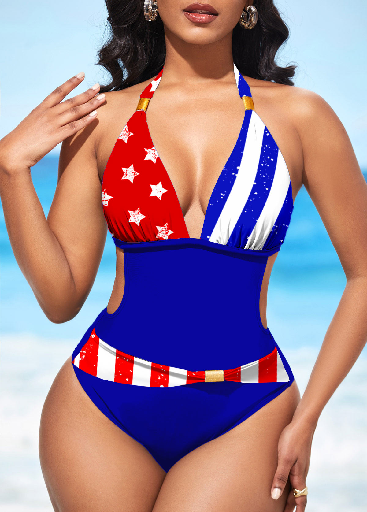 ROTITA Halter American Flag Print Color Block One Piece Swimwear