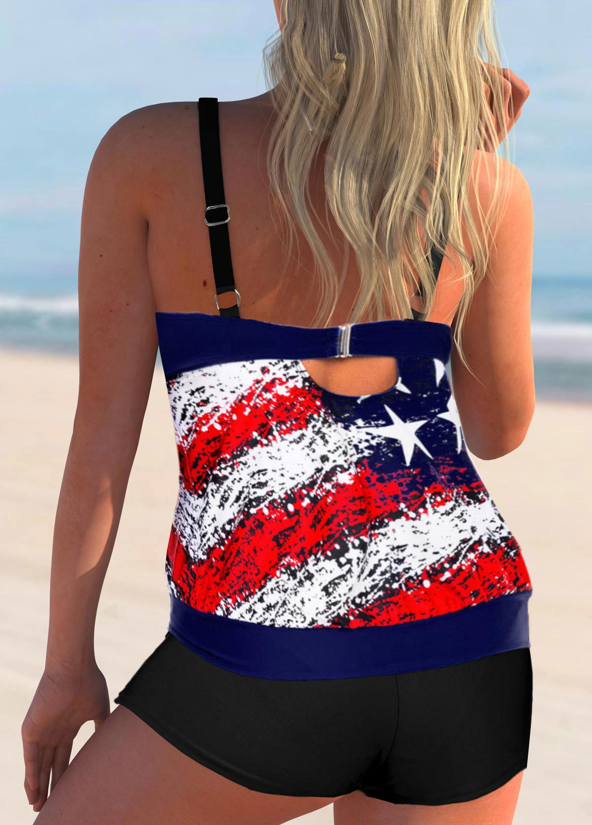 Multi Color swimwear,Flag swimwear,ROTITA American Flag Print Cross Strap Multi Color Tankini Set