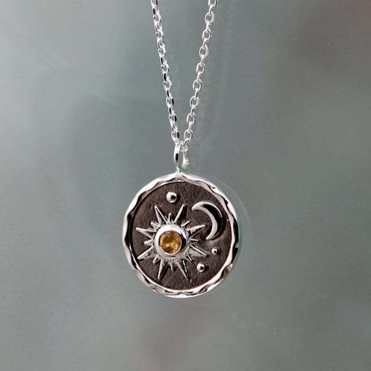 Silver Sun and Moon Design Metal Detail Necklace