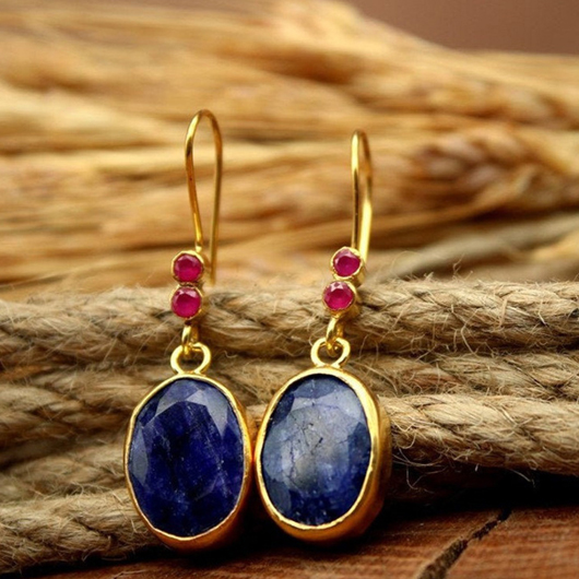 Gemstone Oval Blue Metal Detail Earrings