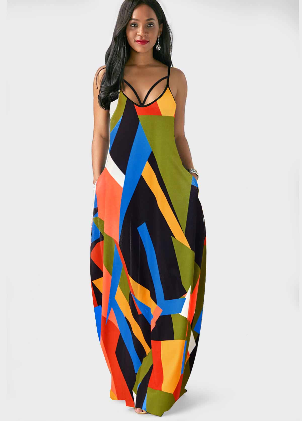 Spaghetti Strap Geometric Print Double Side Pockets Dress