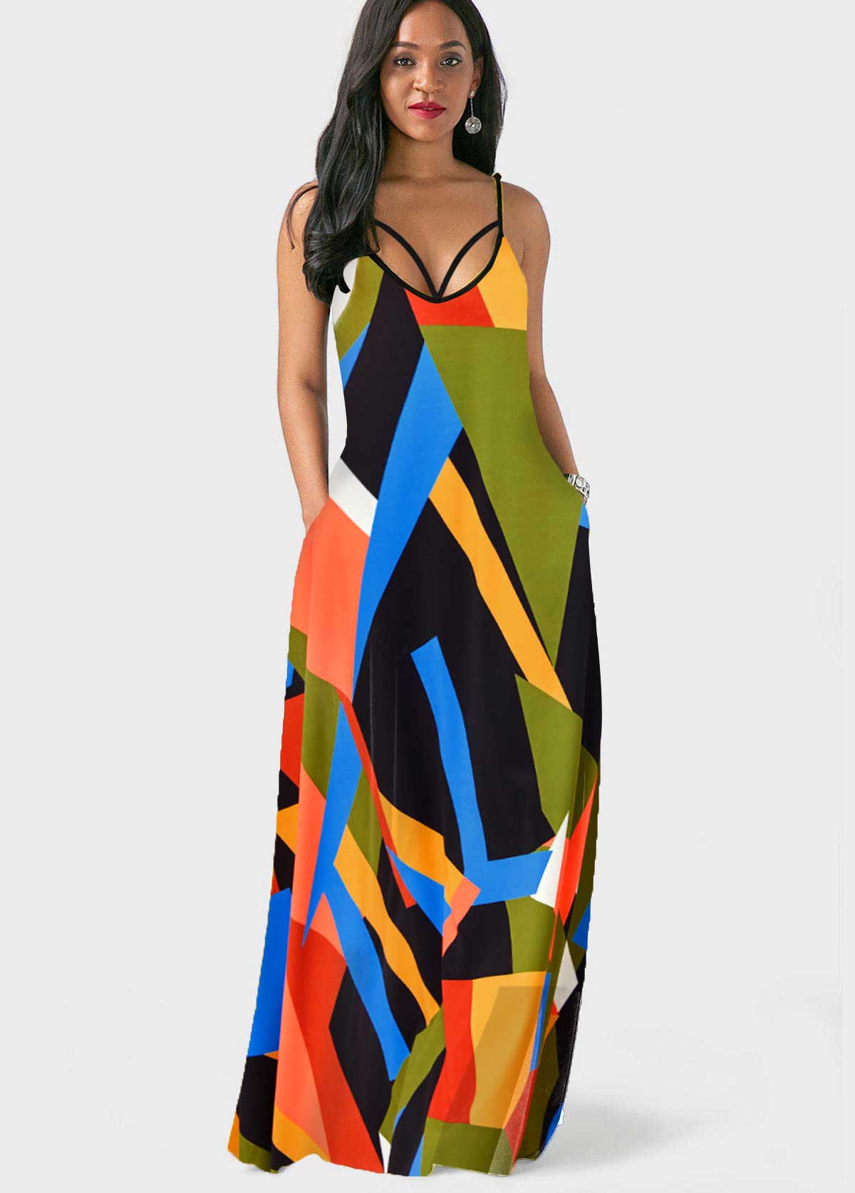 Multi Color dresses,Rainbow Color dresses,Geometric dresses,Party dresses,Elegant dresses,Spaghetti Strap Geometric Print Double Side Pockets Dress