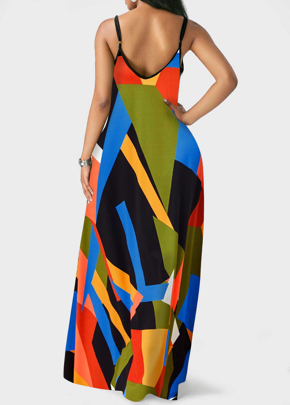 Multi Color dresses,Rainbow Color dresses,Geometric dresses,Party dresses,Elegant dresses,Spaghetti Strap Geometric Print Double Side Pockets Dress
