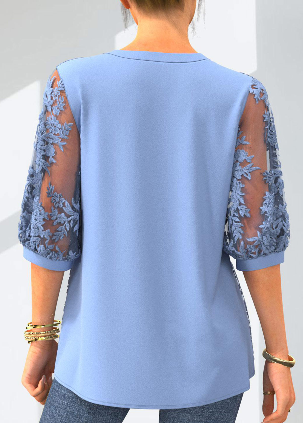 Light Blue tops,Plain Color tops,ROTITA Light Blue 3/4 Sleeve Button Up Embroidered Blouse