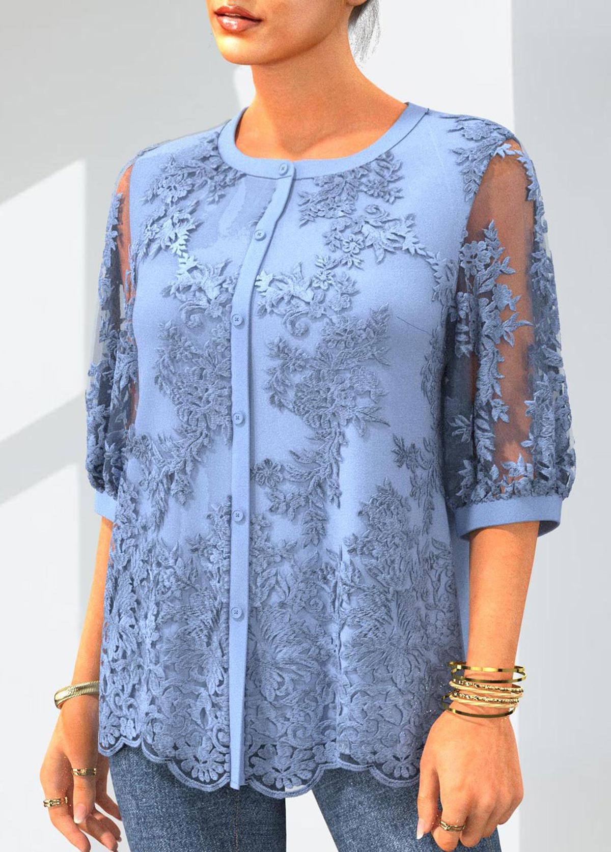 Light Blue tops,Plain Color tops,ROTITA Light Blue 3/4 Sleeve Button Up Embroidered Blouse