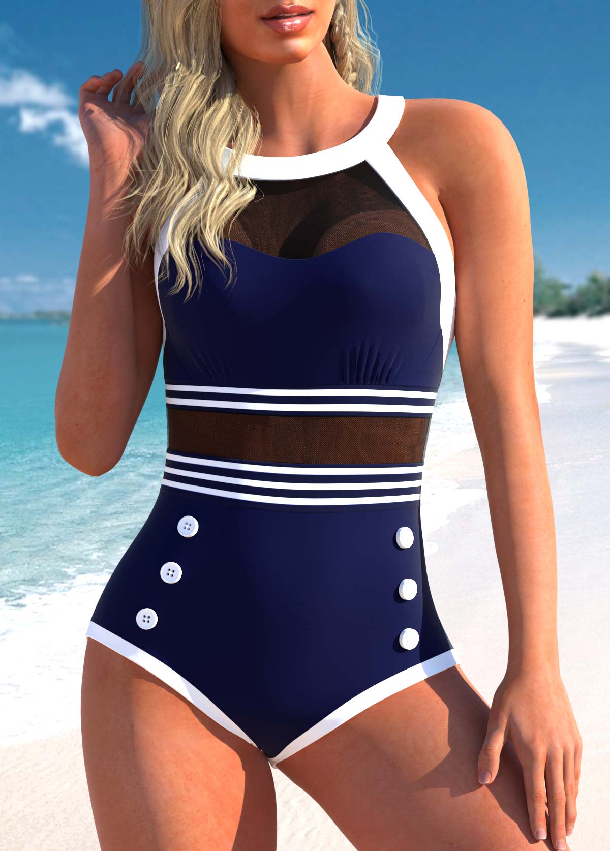 ROTITA Striped Navy Blue Mesh Stitching One Piece Swimwear