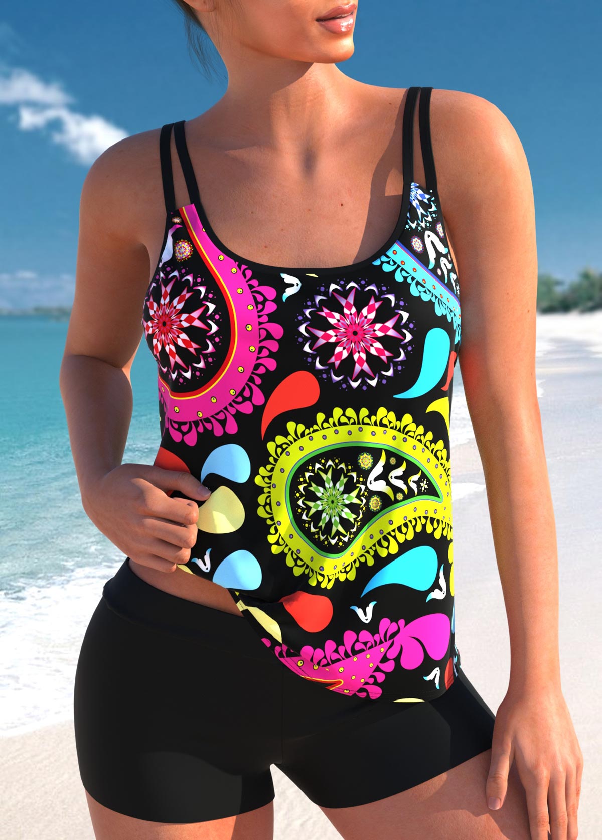 Multi Color plus size,Paisley plus size,ROTITA Paisley Print Plus Size Double Straps Tankini Set 