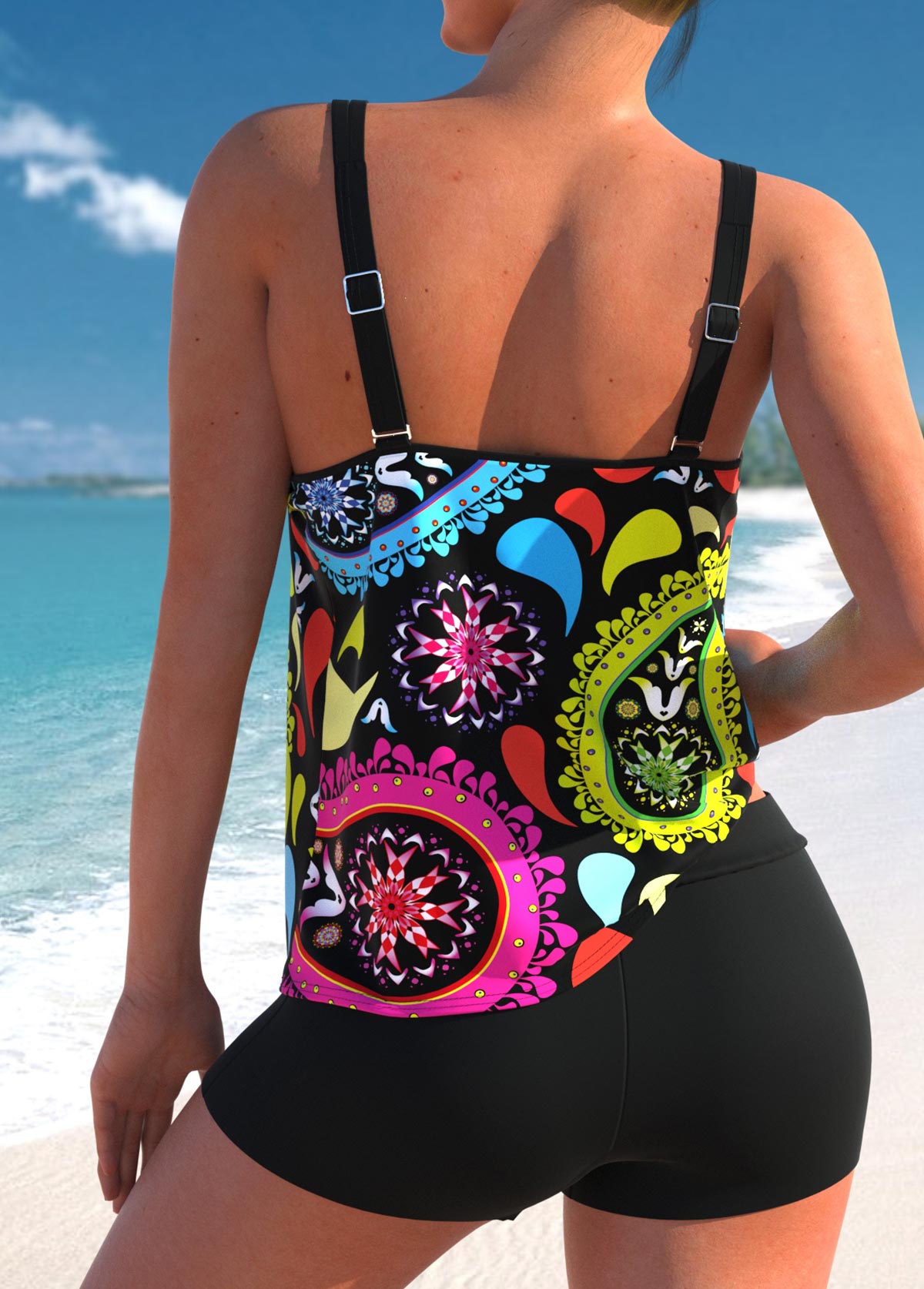 Multi Color plus size,Paisley plus size,ROTITA Paisley Print Plus Size Double Straps Tankini Set 
