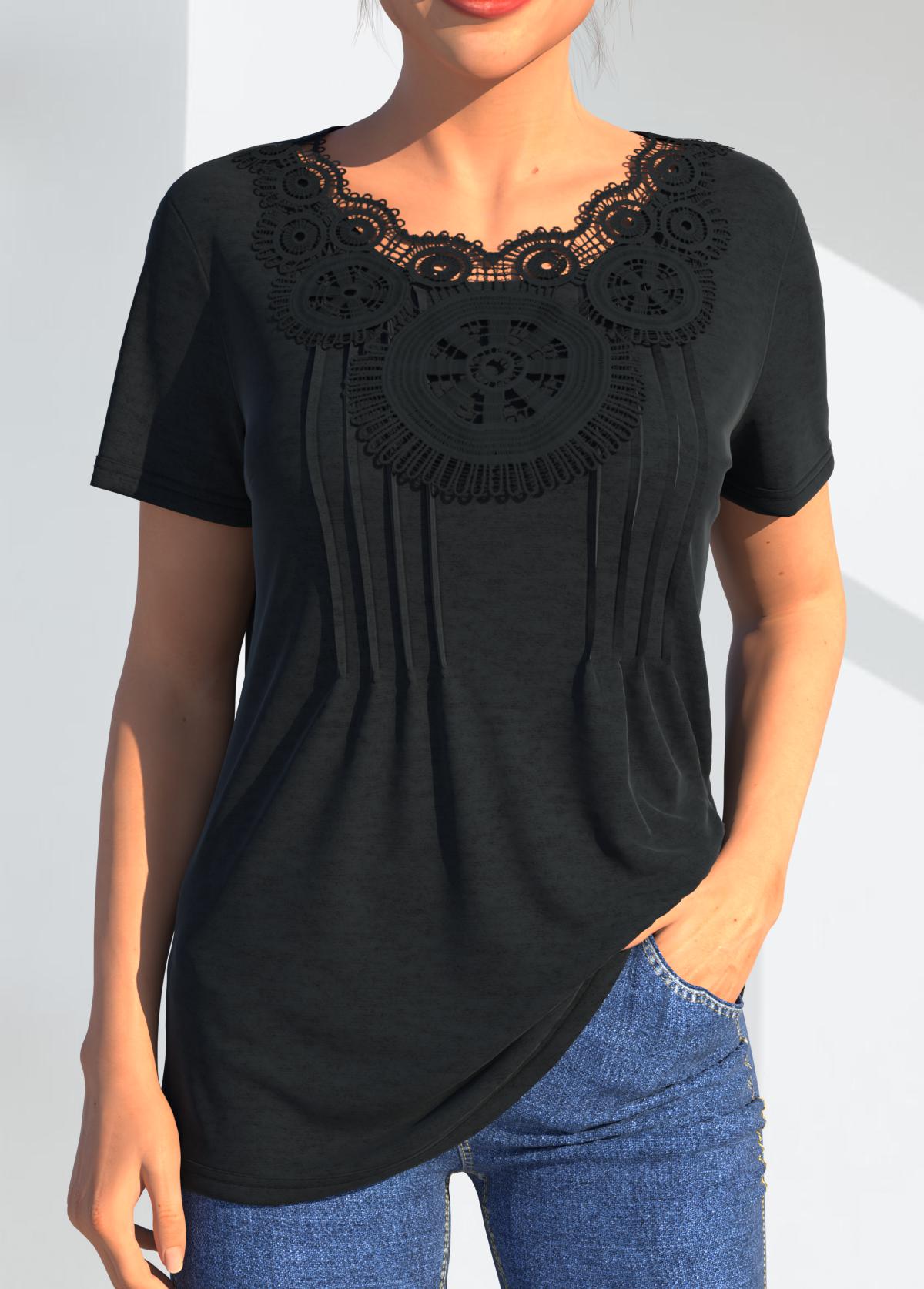 ROTITA Lace Stitching Black Crinkle Chest T Shirt