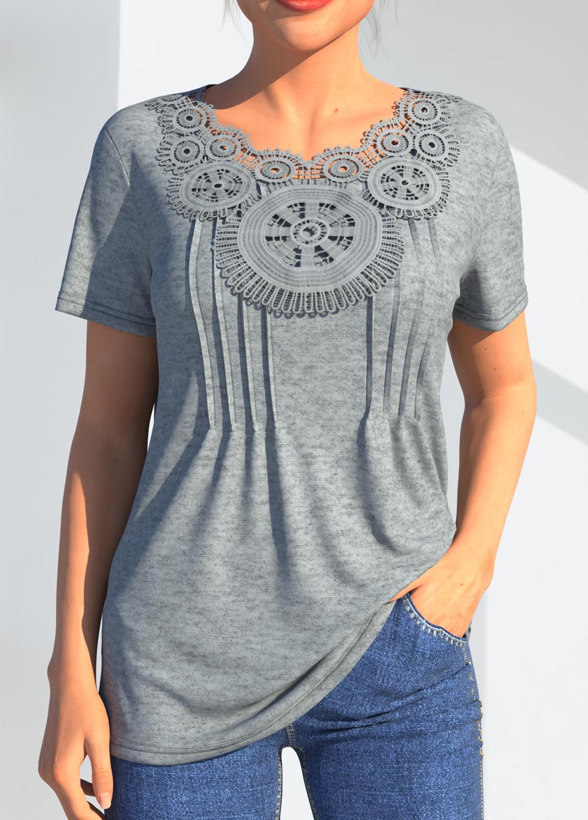 Light Grey Marl tops,Plain Color tops,ROTITA Lace Stitching Grey Marl Crinkle Chest T Shirt
