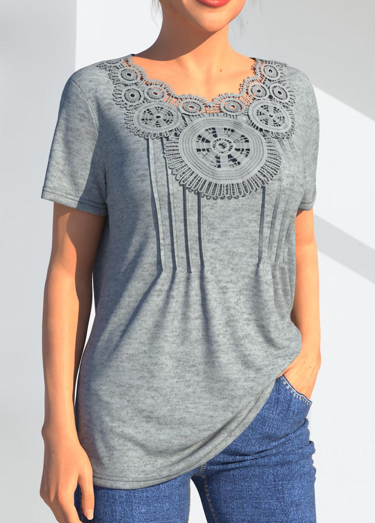 Light Grey Marl tops,Plain Color tops,ROTITA Lace Stitching Grey Marl Crinkle Chest T Shirt