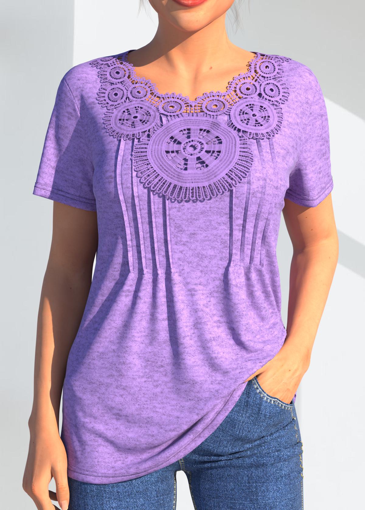 ROTITA Crinkle Chest Lace Stitching Light Purple T Shirt