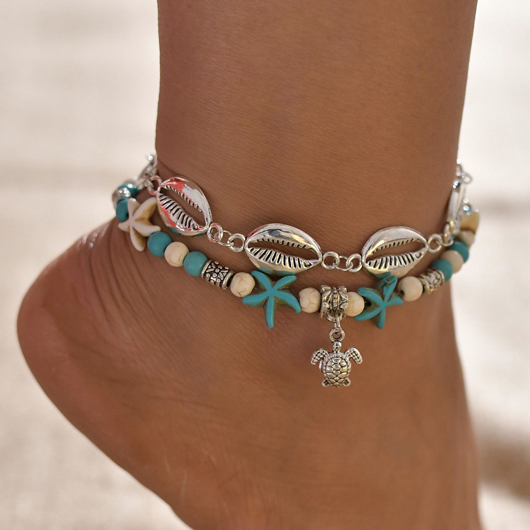 Bracelet de Cheville Turquoise avec Détail de Perles de Tortue de Mer