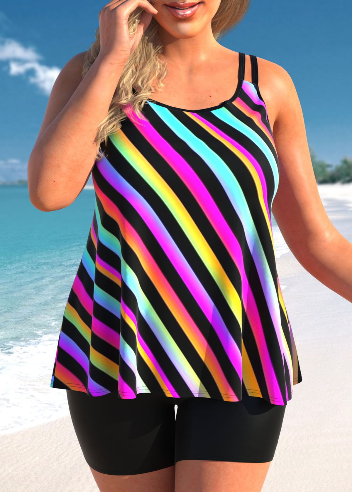 Rainbow Color plus size,Striped plus size,ROTITA Rainbow Stripe Plus Size Double Straps Tankini Top