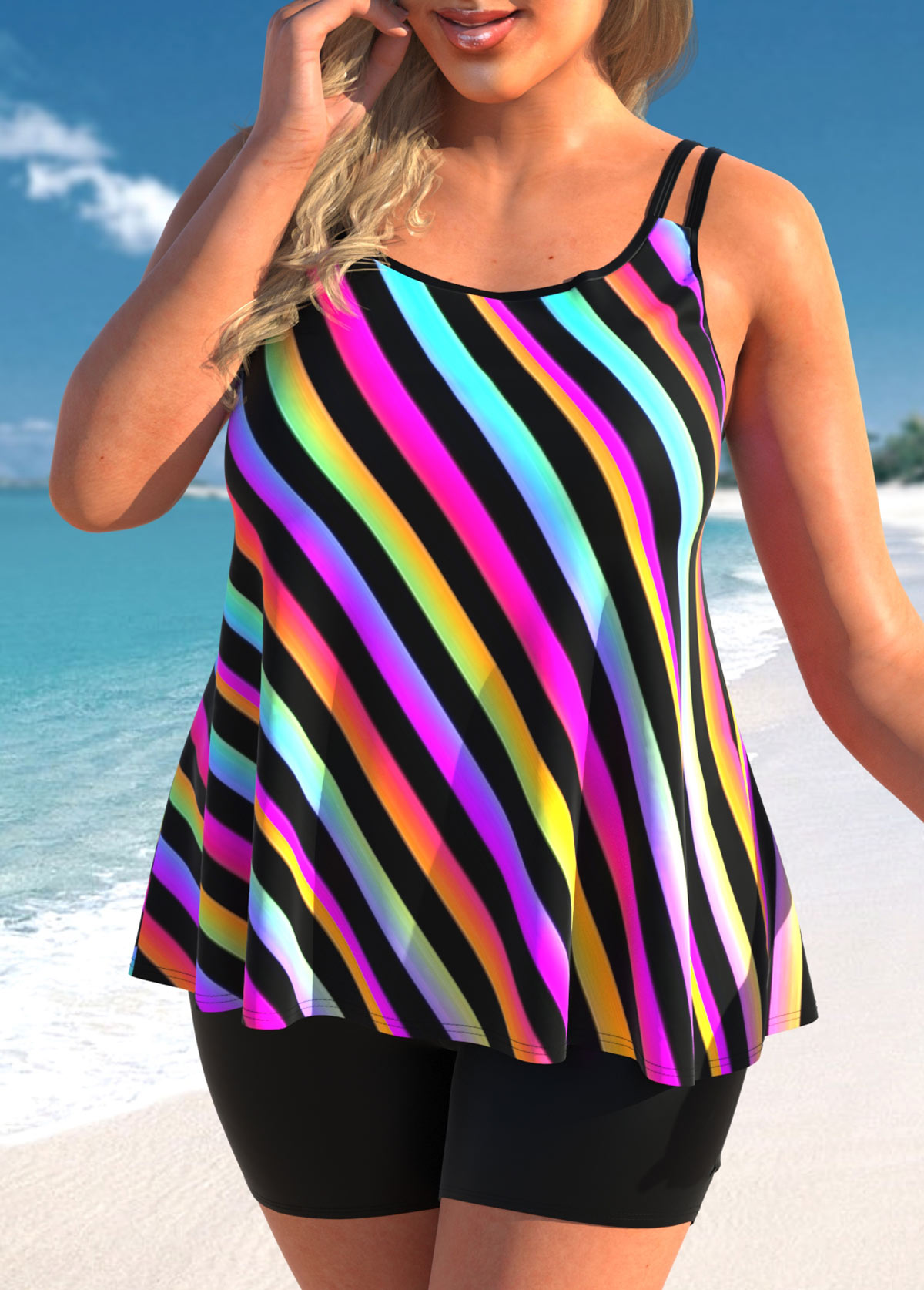 Rainbow Color plus size,Striped plus size,ROTITA Rainbow Stripe Plus Size Double Straps Tankini Top