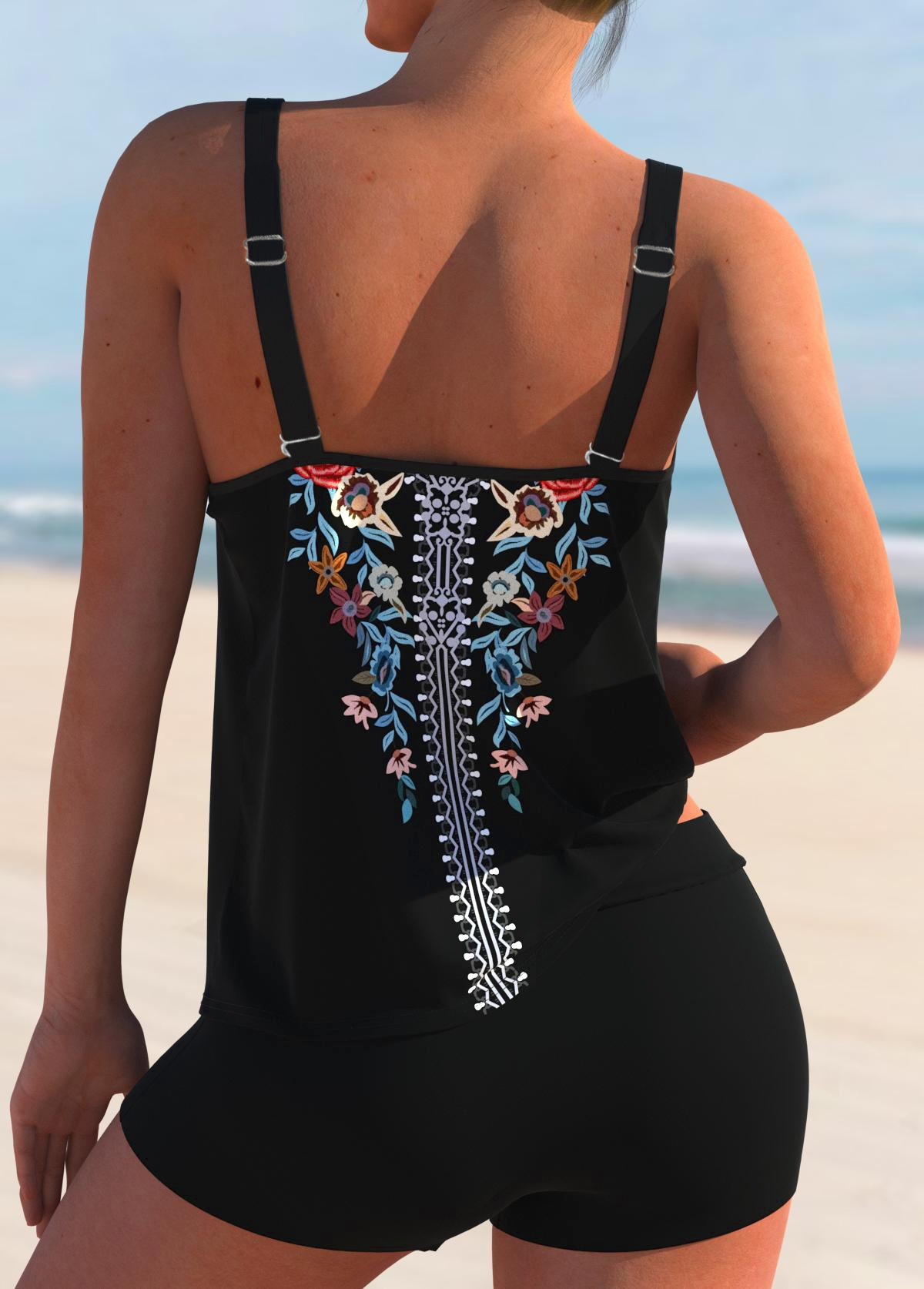 Multi Color swimwear,Tribal swimwear,ROTITA Double Straps Multi Color Tribal Print Tankini Top