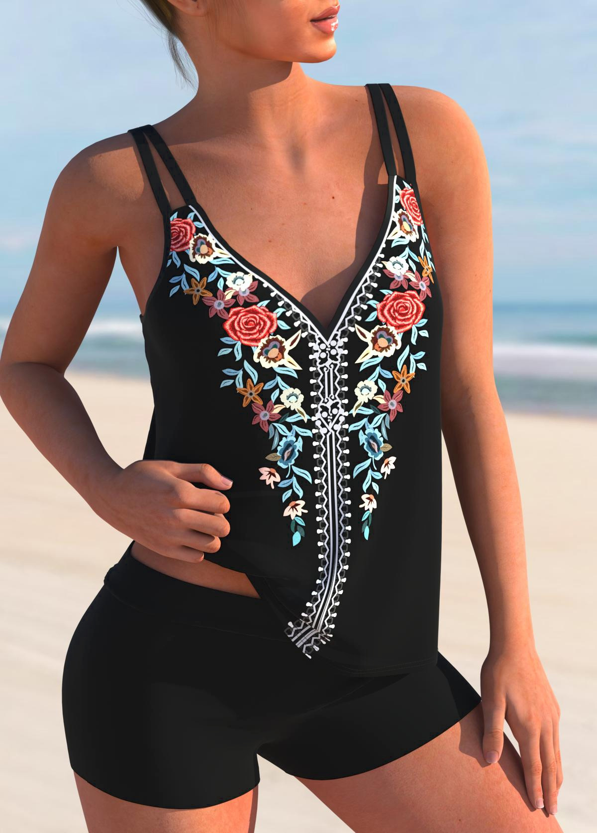 Multi Color swimwear,Tribal swimwear,ROTITA Double Straps Multi Color Tribal Print Tankini Top