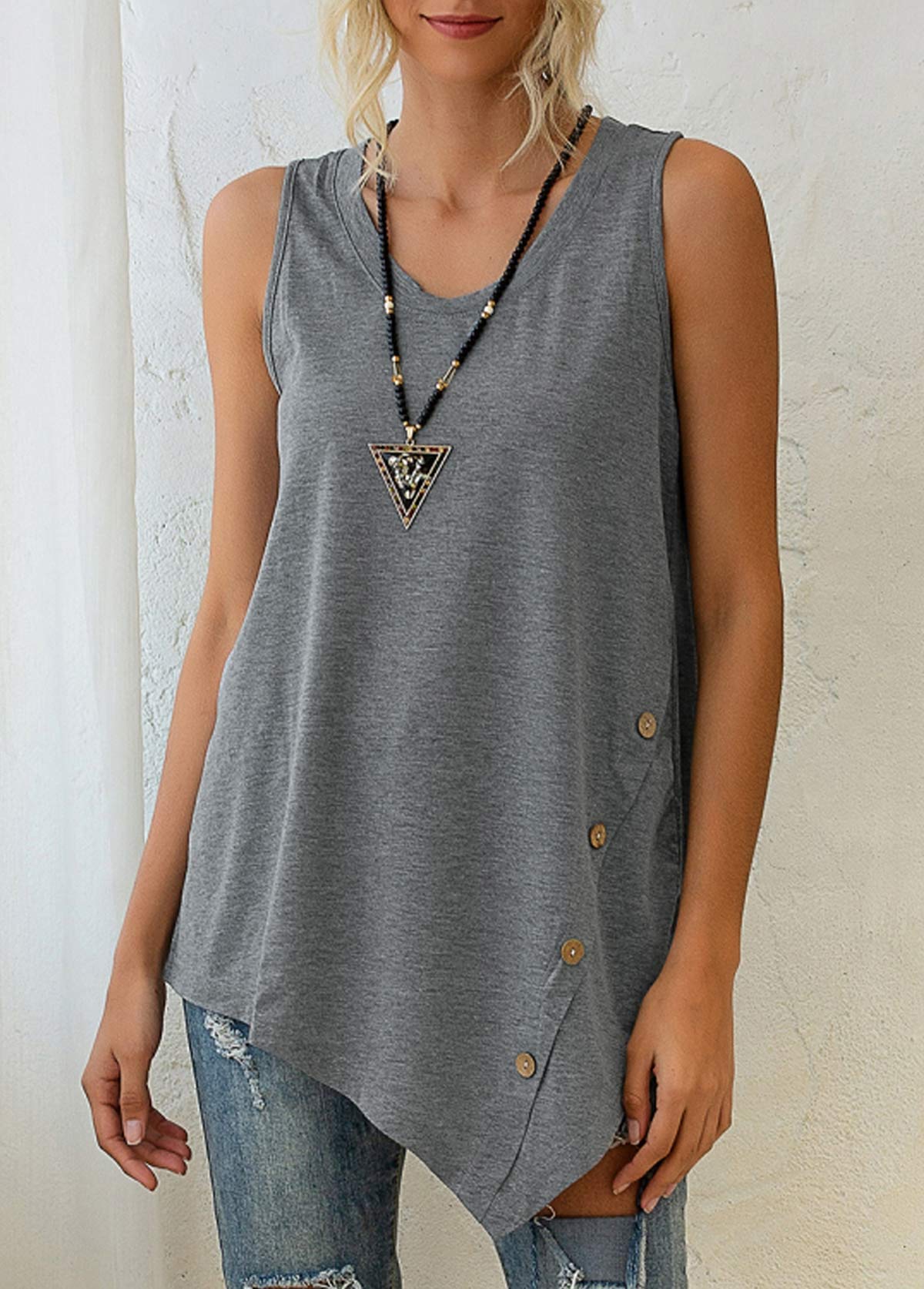 Grey tops,Plain Color tops,Asymmetric Hem Grey Decorative Button Tank Top