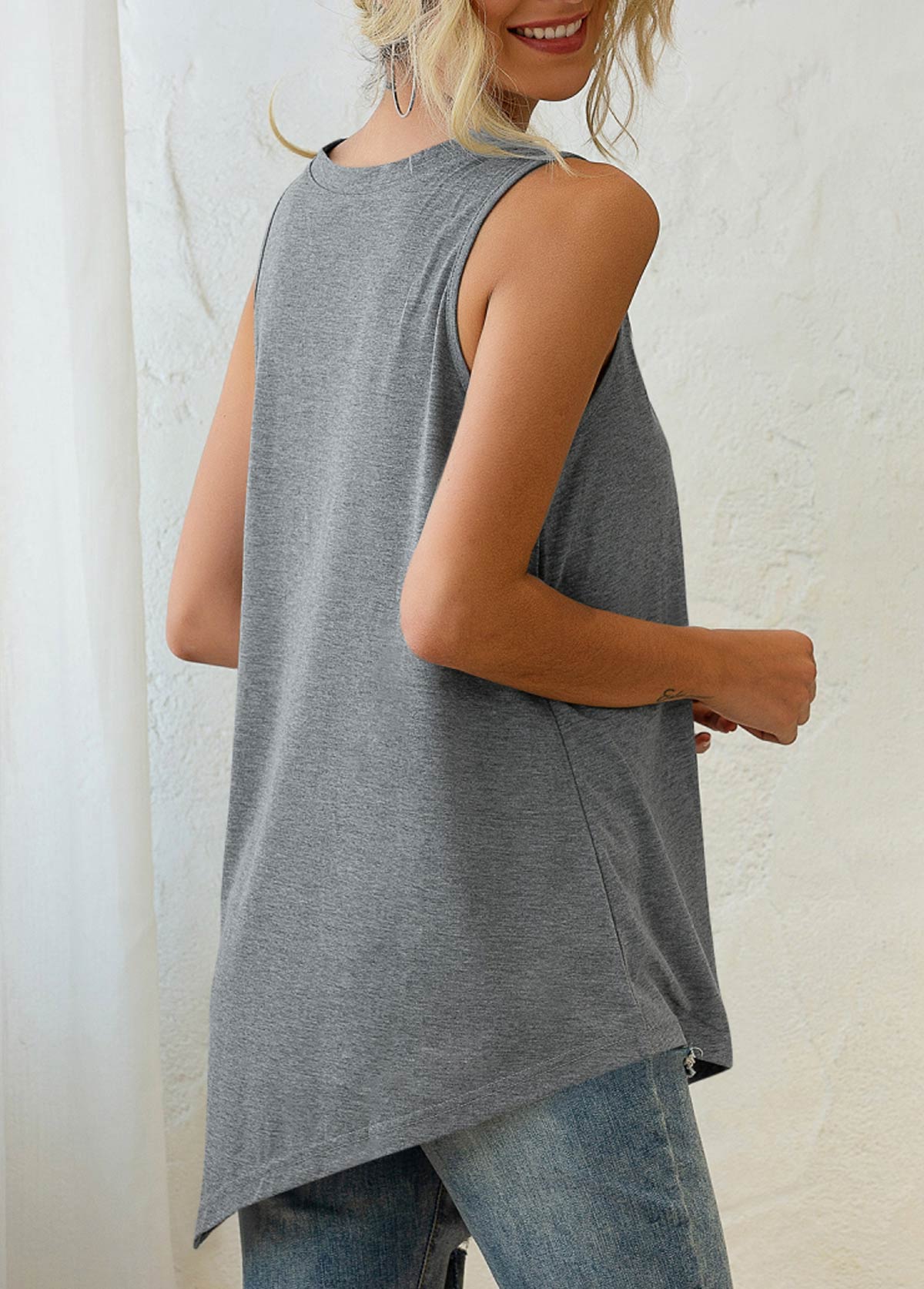Grey tops,Plain Color tops,Asymmetric Hem Grey Decorative Button Tank Top
