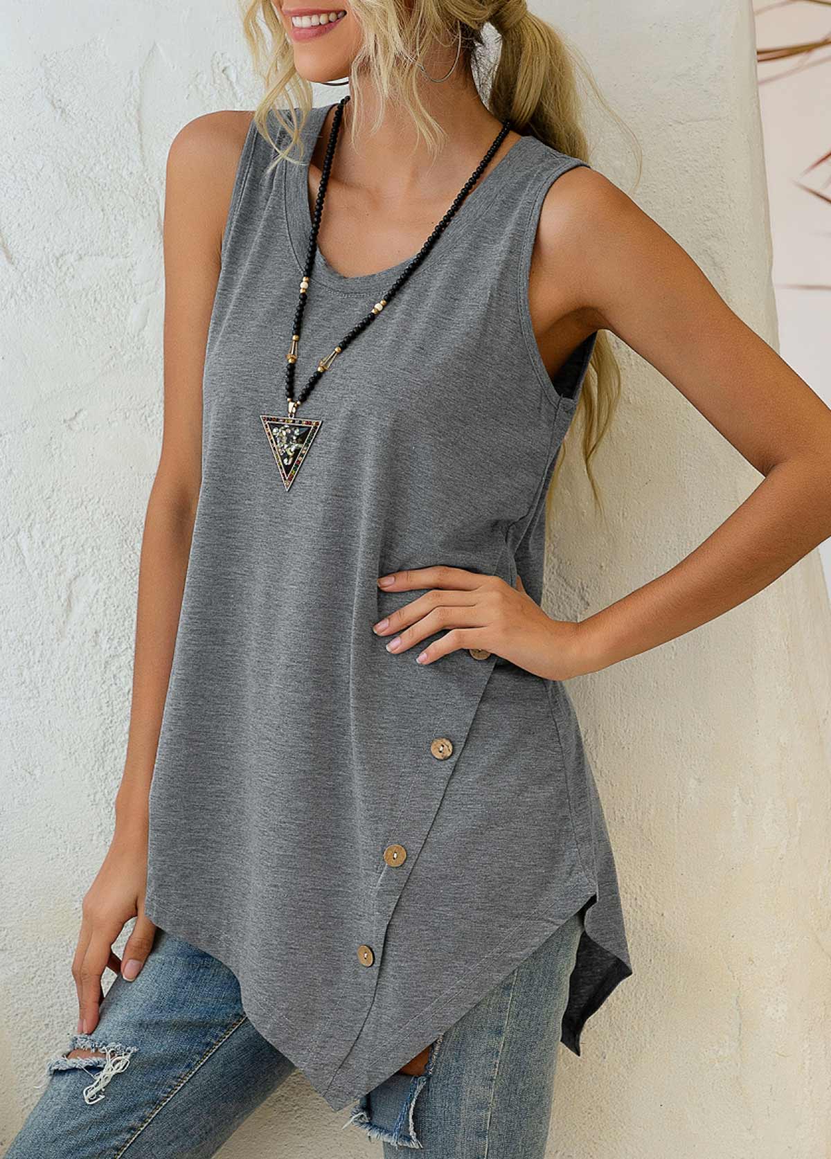 Grey tops,Plain Color tops,Asymmetric Hem Grey Decorative Button Tank Top