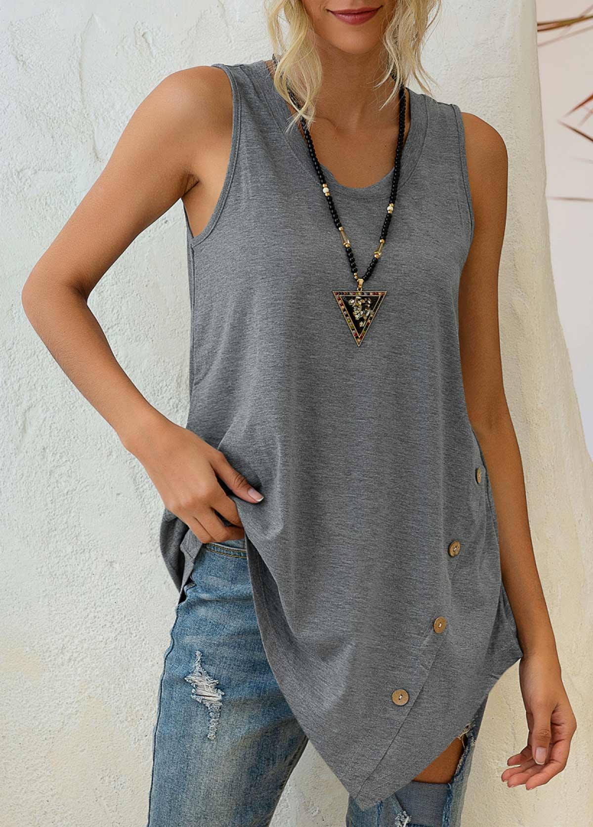 Grey tops,Plain Color tops,Asymmetric Hem Grey Decorative Button Tank Top