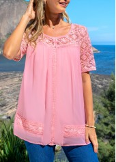 Pink tops,Plain Color tops,ROTITA Lace Patchwork Pink Round Neck Blouse