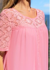 Pink tops,Plain Color tops,ROTITA Lace Patchwork Pink Round Neck Blouse