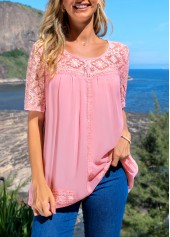 ROTITA Lace Patchwork Pink Round Neck Blouse