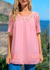 Pink tops,Plain Color tops,ROTITA Lace Patchwork Pink Round Neck Blouse