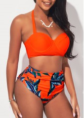 Orange swimwear,Plants swimwear,ROTITA Tropical Print High Waisted Orange Bikini Set