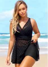 Black swimwear,Plain Color swimwear,ROTITA Mesh Glitter Fabric Stitching Black Swimdress Top